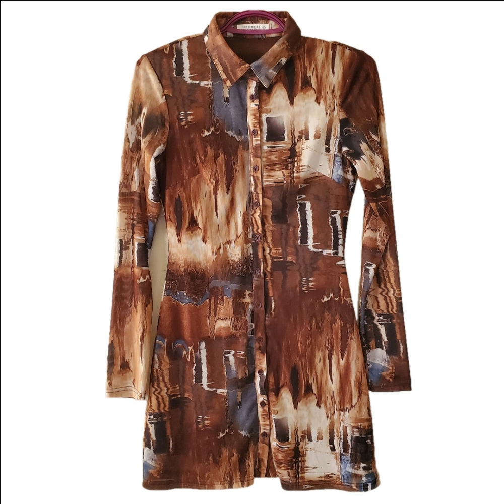 12th Tribe Button Down Bodycon Sheer Long Sleeve Abstract Pattern Mini Dress Sm